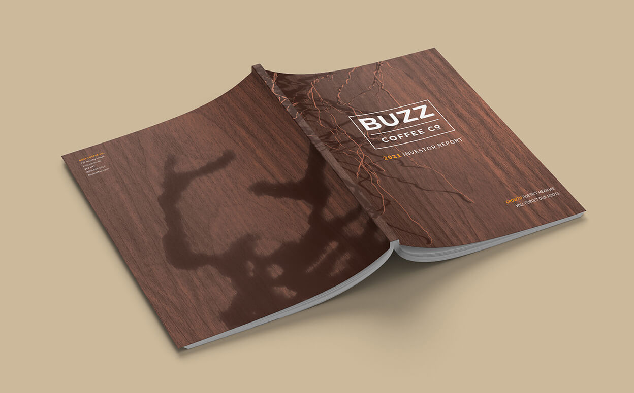Buzz Coffee Co report laid out flat revealing the entire cover
