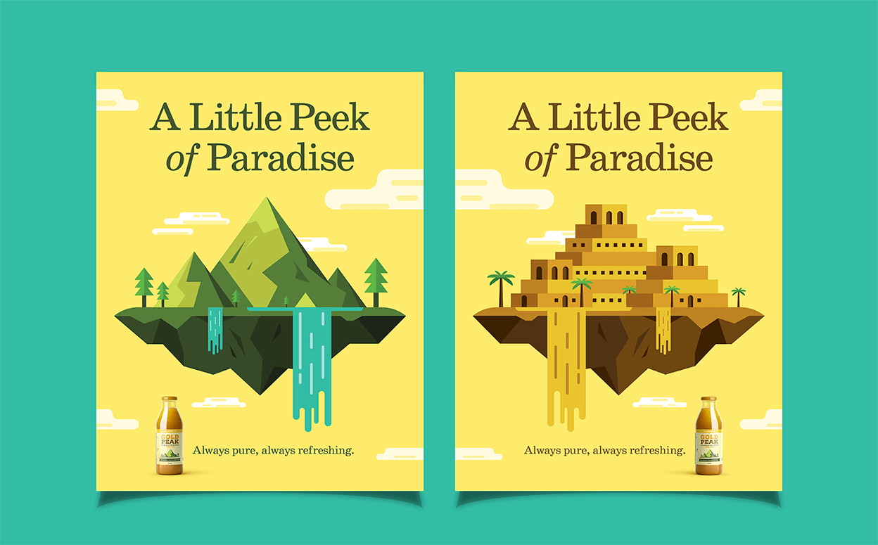 Gold Peak dual yellow posters with a mountain and temple illustration